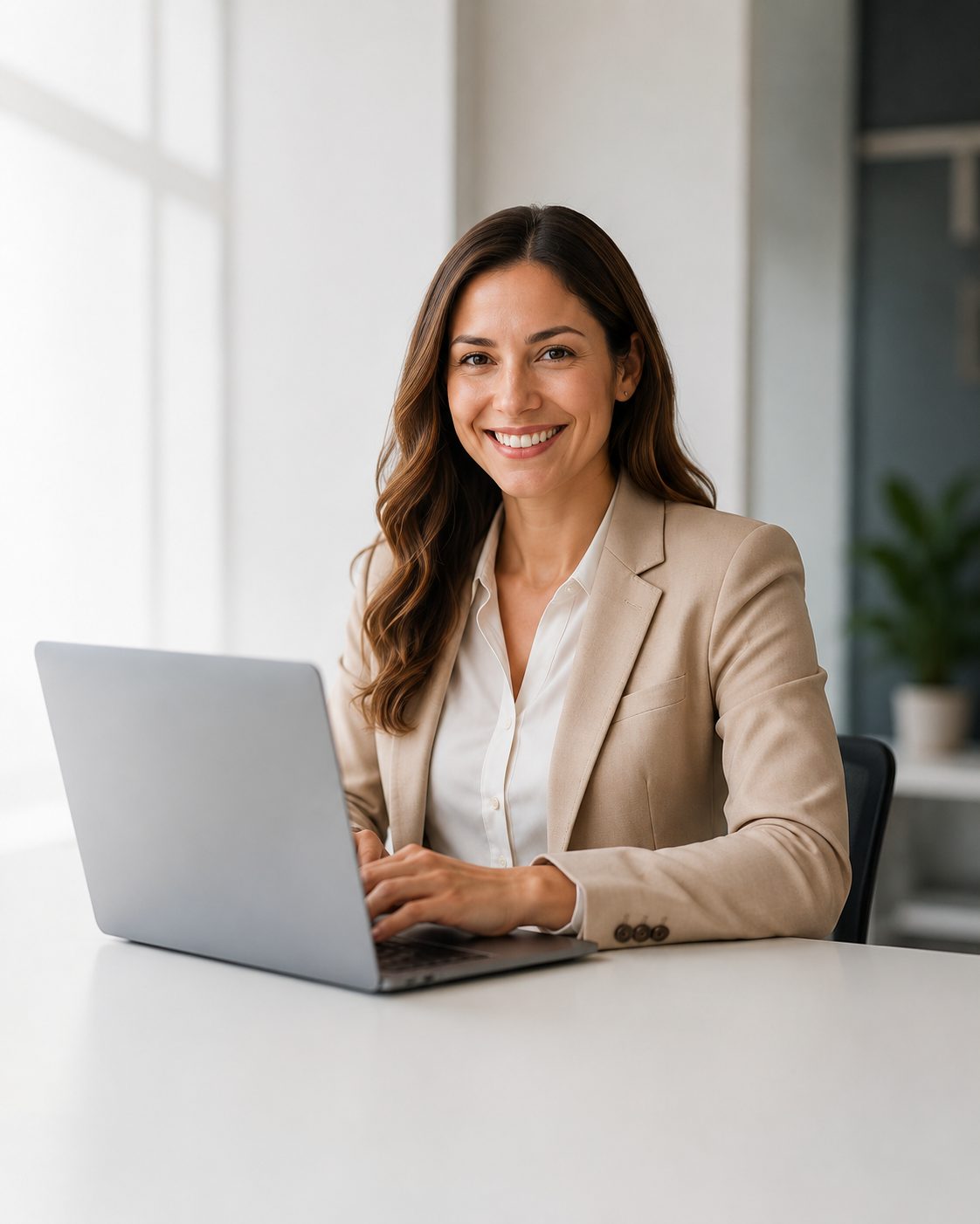 A client services manager smiling at a laptop in a bright office