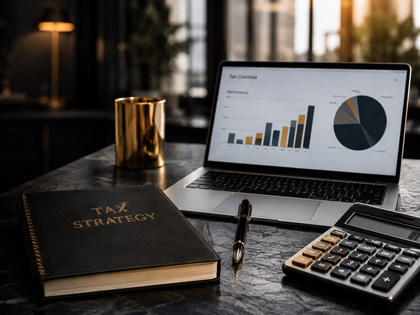 A tax strategy folder, laptop and calculator on a dark desk