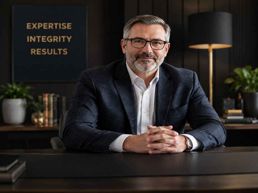 A senior tax advisor seated at a desk in a dark, elegant office