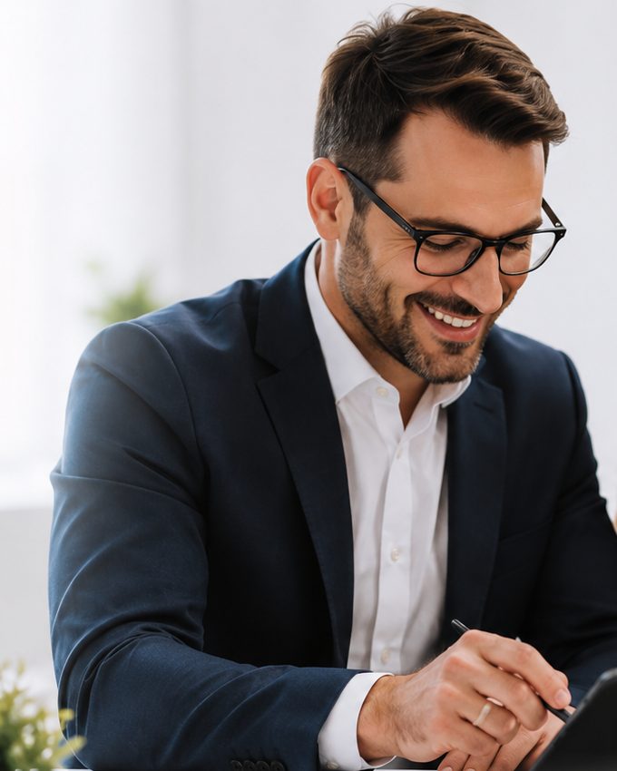 A business tax specialist in glasses reviewing figures on a tablet